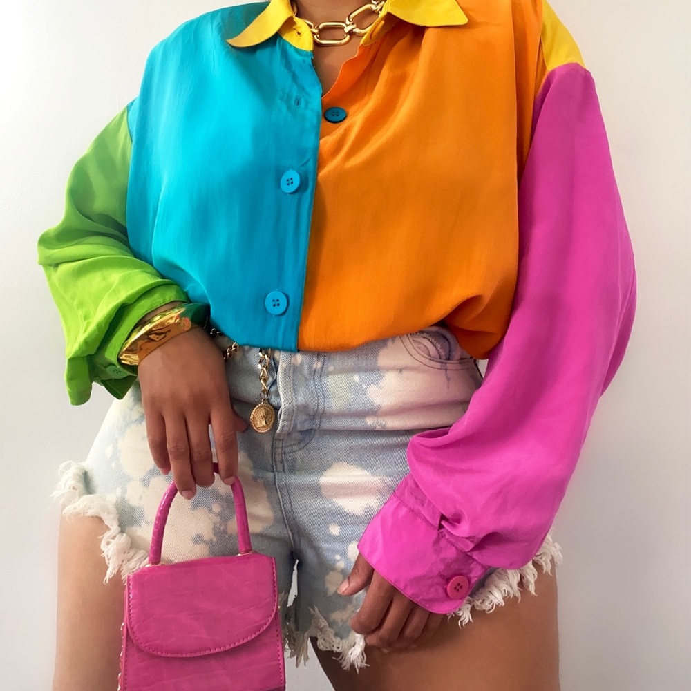 Vintage color block 90s silk blouse